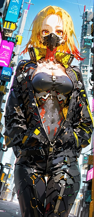 SCORE_9, SCORE_8_UP, SCORE_7_UP, SCORE_6_UP,

MASTERPIECE, BEST QUALITY, HIGH QUALITY, 
HIGHRES, ABSURDRES,
INTRICATE DETAILS, ULTRA-DETAILED,
NEWEST, AESTHETIC,

yellow_background, 1girl, solo, jacket, long_hair, mouth_mask, breasts, looking_at_viewer, red_eyes, zipper, open_clothes, covered_mouth, mask, pants, forehead, cyberpunk, cleavage, large_breasts, navel, simple_background, open_jacket, midriff, medium_breasts, upper_body, zipper_pull_tab, long_sleeves, black_pants, orange_background, earrings, eyelashes, collarbone, jewelry, hands_in_pockets, belt, multicolored_hair, urban theme, urban techwear, futuristic, cyborg, forehead, ((((top_view, dutch_angle))))