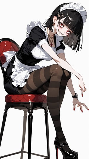 SCORE_9, SCORE_8_UP, SCORE_7_UP, SCORE_6_UP,

MASTERPIECE, BEST QUALITY, HIGH QUALITY, 
HIGHRES, ABSURDRES, PERFECT COMPOSITION,
INTRICATE DETAILS, ULTRA-DETAILED,
PERFECT FACE, PERFECT EYES,
NEWEST, AESTHETIC,

pantyhose, high_heels, 1girl, dress, sitting, looking_at_viewer, black_dress, solo, black_footwear, smile, breasts, short_sleeves, blush, black_legwear, striped, short_dress, eyebrows_visible_through_hair, white_background, thighband_pantyhose, shoes, chair, simple_background, closed_mouth, medium_breasts, stool, alternate_costume, necklace, shoe_dangle, thighs, hand_on_own_knee, side_slit, from_side, large_breasts, watch, leaning_forward, legs, earrings, knee_up, long_legs, black_shirt, head_tilt, platform_footwear, blunt_bangs, sharp teeth, hairclip, argyle pantyhose, red nails, black footwear, maid headdress, bags under eyes,