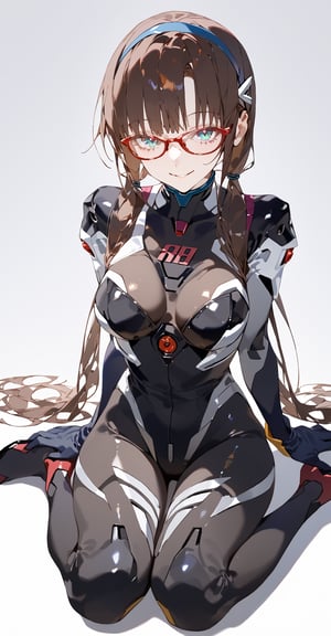 SCORE_9, SCORE_8_UP, SCORE_7_UP, SCORE_6_UP,

MASTERPIECE, BEST QUALITY, HIGH QUALITY, 
HIGHRES, ABSURDRES, PERFECT COMPOSITION,
INTRICATE DETAILS, ULTRA-DETAILED,
PERFECT FACE, PERFECT EYES,
NEWEST, AESTHETIC,

bodysuit, 1girl, glasses, plugsuit, long_hair, makinami_mari_illustrious, solo, sitting, hairband, looking_at_viewer, breasts, smile, bangs, twintails, white_bodysuit, low_twintails, gloves, aqua_eyes, pilot_suit, interface_headset, brown_hair, wariza, blue_eyes, red-framed_eyewear, blue_hairband, number, medium_breasts, large_breasts, shiny_hair, seiza, arm_support, full_body, shiny, skin_tight, mari makinami, ((black_bodysuit)), alternate_costume, (simple_background),