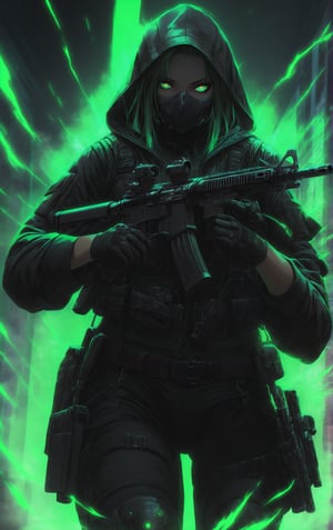 SCORE_9, SCORE_8_UP, SCORE_7_UP, SCORE_6_UP,

MASTERPIECE, BEST QUALITY, HIGH QUALITY, 
HIGHRES, ABSURDRES, PERFECT COMPOSITION,
INTRICATE DETAILS, ULTRA-DETAILED,
PERFECT FACE, PERFECT EYES,
NEWEST, 

1girl, rating:safe, ar-15, m4_carbine, M16 Rifle series, h&k_hk416, holding, holding_weapon, black gloves, standing, pants, green_hair, holding_gun, (eye_glow:1.4), military, uniform, buckles, vest, load_bearing_vest, military_operator, (black_hooded_jacket, hood, hood_up), mask, cowboy_shot, black_pants, trigger_discipline, dark theme, neon green color, biohazard symbol,  (shaded_face:1.4), night, call_of_duty, black ops, holster, boots, knee_pads, magazine_\(weapon\), smoke effect,