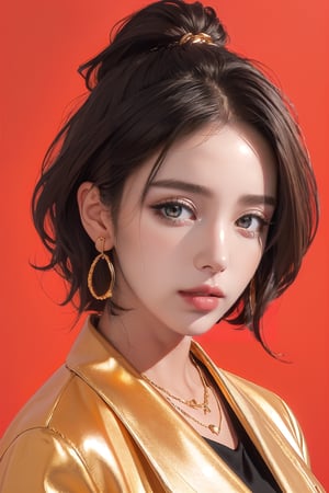 SCORE_9, SCORE_8_UP, SCORE_7_UP, SCORE_6_UP,
BEST QUALITY, HIGHRES, ABSURDRES, 4K, 8K, 64K,
MASTERPIECE, SUPER DETAIL, INTRICATE_DETAILS, PERFECTEYES, 

1girl, solo, (((looking at viewer))), short hair, (((simple background))), brown hair, shirt, black hair, gold jewelry, jacket, white shirt, upper_body, gold earrings, parted lips, white collared shirt, medium hair, gold necklace, (((black jacket))), head tilt, makeup, suit, soft lipstick, (((red background))), soft red lips, front_view, chin_up, paint_(artwork), oil painting, cynical, eye_half_opened, 