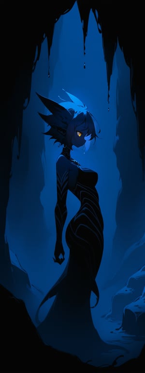 BEST QUALITY, HIGHRES, ABSURDRES, 
MASTERPIECE, SUPER DETAIL, INTRICATE_DETAILS, 
PERFECTEYES, AESTHETIC, 
SCORE_9, SCORE_8_UP, SCORE_7_UP, SCORE_6_UP,

standing in a glacial cave, niji style, monster girl, glacial monster girl, blue skin, yellow eyes, side view, skin tight, 