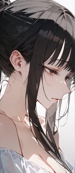 SCORE_9, SCORE_8_UP, SCORE_7_UP, SCORE_6_UP,

MASTERPIECE, BEST QUALITY, HIGH QUALITY, 
HIGHRES, ABSURDRES,
INTRICATE DETAILS, ULTRA-DETAILED,
NEWEST, AESTHETIC,

1girl, profile, ponytail, solo, lips, eyelashes, long_hair, bare_shoulders, from_side, upper_body, cleavage, black_hair, nose, closed_mouth, looking_away, bangs, black_eyes, half-closed_eyes, parted_lips, shirt, brown_eyes, collarbone, brown_hair, off_shoulder, sidelocks,