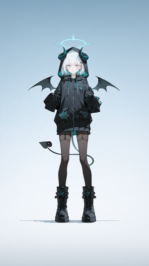 SCORE_9, SCORE_8_UP, SCORE_7_UP, SCORE_6_UP, 
MASTERPIECE, BEST QUALITY, HIGH QUALITY, 
HIGHRES, ABSURDRES,
INTRICATE DETAILS, ULTRA-DETAILED,
AESTHETIC,

1girl, tail, wings, halo, demon_tail, solo, standing, blue_background, jacket, black_legwear, demon_girl, bangs, drawstring, full_body, hood, boots, looking_at_viewer, thighhighs, horns, shoes, hood_down, sleeves_past_fingers, long_sleeves, black_footwear, black_jacket, blue_eyes, eyebrows_visible_through_hair, closed_mouth, blush, white_hair, pantyhose, skirt, demon_wings, demon_horns, aqua_eyes, gradient, hoodie, green_eyes, (water_color:0.5), wide_shot,
simple_background, cyan_background, shadow, (black_clothing:1.4), (flat_color:0.5)