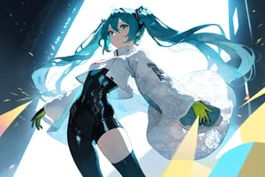 SCORE_9, SCORE_8_UP, SCORE_7_UP, SCORE_6_UP,

MASTERPIECE, BEST QUALITY, HIGH QUALITY, 
HIGHRES, ABSURDRES, PERFECT COMPOSITION,
INTRICATE DETAILS, ULTRA-DETAILED,
PERFECT FACE, PERFECT EYES,
NEWEST, 

Movie Poster page, (promotional poster), Hatsune Miku, 1female, solo, humanoid android, teal hair, teal eyes, white jacket, cropped jacket, long sleeves, two-tone gloves, black gloves, green gloves, black bodysuit, single thighhigh, single thigh boot, concert, Nippon Budokan, glowneon, glowing, sparks, lightning, shadow minimalism, (best quality), (masterpiece), detailed, beautiful detailed eyes, perfect anatomy, perfect body, perfect face, perfect hair, perfect legs, perfect hands, perfect arms, perfect fingers, detailed hair, detailed face, detailed eyes, detailed clothes, detailed skin, ultra-detailed, (full body), (upper body), (top quality), pop art, extremely detailed, extremely detailed CG, (high resolution), highly detailed, (high quality), (perfect quality), (glitchcore colors), racingmiku2022,