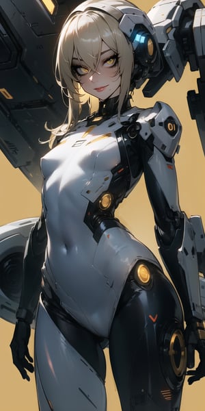 BEST QUALITY, HIGHRES, ABSURDRES, HIGH_RESOLUTION, MASTERPIECE, SUPER DETAIL, HYPER DETAIL, INTRICATE_DETAILS, PERFECTEYES, DARK EYELASHES, EYELINER, SOFT GLOWING EYES, 64K, SCORE_9,

yellow_background, solo, yellow_eyes, breasts, looking_at_viewer, white_hair, bodysuit, cyborg, simple_background, smile, yellow_theme, medium_breasts, long_hair, standing, cyberpunk, covered_navel, cowboy_shot, robot_joints, pale_skin, science_fiction, bangs, hair_over_one_eye, skin_tight, small_breasts, closed_mouth, lips, blush, blonde_hair, glowing, parted_lips,