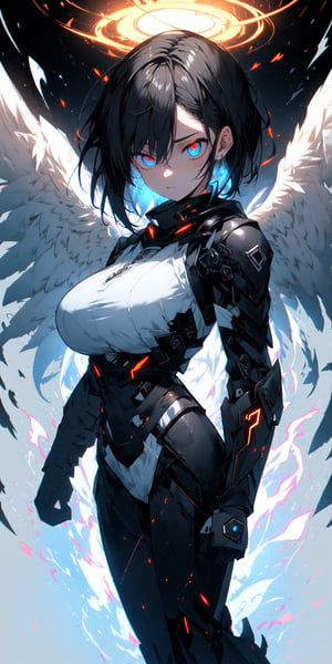 (1girls:1.4), (holy_background:1.4), (simple_background:1.4),

dynamic_angle, tyndall effect, volumetric lighting, looking_at_viewer, full_body, bright_theme, niji, clear_lines

short-hair, black-hair, Pale_skin, big_breasts, sharp_face, multicolored_eye, angelic angel, eyeshadow, eyeliner, Eyelash, from_side, expressive eyes, perfect glowing_eyes, cyberpunk, mecha armor, determined_face, damaged, glowing, aura, energy, beam, plugsuits, exoskeleton suit, tall, halo

(best quality:1.4), (highres:1.4), (high_resolution:1.4), (masterpiece:1.4), sidelighting, super detail, hyper detail, intricate_details, ligne_claire, perpect face,midjourney