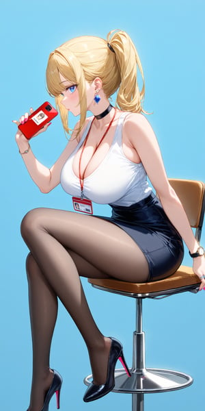 SCORE_9, SCORE_8_UP, SCORE_7_UP, SCORE_6_UP,

MASTERPIECE, BEST QUALITY, HIGH QUALITY, 
HIGHRES, ABSURDRES, PERFECT COMPOSITION,
INTRICATE DETAILS, ULTRA-DETAILED,
PERFECT FACE, PERFECT EYES,
NEWEST, 

high_heels, 1girl, breasts, rating:safe, blonde_hair, sitting, pantyhose, skirt, earrings, phone, nail_polish, large_breasts, pencil_skirt, blue_eyes, blush, cellphone, shirt, jewelry, black_footwear, long_hair, solo, crossed_legs, sleeveless_t-shirt, bangs, bare_shoulders, office_chair, black_legwear, ponytail, chair, cleavage, blue_nails, black_skirt, sleeveless, miniskirt, holding, white_t-shirt, sidelocks, (((blue_background))), side_ponytail, shoe_dangle, id_card, pink_nails, smartphone, red_nails, watch, choker, fingernails, holding_phone, legs, feet, simple_background, profile, lanyard, from_side, looking_at_viewer, stool, shoes, handbag, full_body, eyebrows_visible_through_hair, wristwatch, ring, between_breasts, thighs, shirt_tucked_in, viewed_from_side, side_view,