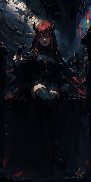 BEST QUALITY, HIGHRES, ABSURDRES, HIGH_RESOLUTION, MASTERPIECE, SUPER DETAIL, HYPER DETAIL, INTRICATE_DETAILS, PERFECTEYES, DARK EYELASHES, EYELINER, SOFT GLOWING EYES, 64K,

1girl, solo, long hair, looking at viewer, smile, open mouth, bangs, red eyes, thighhighs, gloves, long sleeves, jewelry, sitting, red hair, multicolored hair, horns, teeth, black gloves, puffy sleeves, black thighhighs, indoors, blunt bangs, necklace, glowing, fangs, demon girl, crossed legs, cross, demon horns, glowing eyes, nun, habit, cross necklace, stained glass, church,
