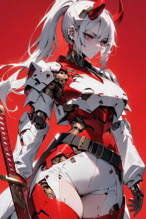 SCORE_9, SCORE_8_UP, SCORE_7_UP, SCORE_6_UP,

MASTERPIECE, BEST QUALITY, HIGH QUALITY, 
HIGHRES, ABSURDRES, PERFECT COMPOSITION,
INTRICATE DETAILS, ULTRA-DETAILED,
PERFECT FACE, PERFECT EYES,
NEWEST, 

red_background, sword, horns, weapon, 1girl, solo, sheath, ponytail, sheathed, red_eyes, katana, jewelry, earrings, white_hair, scabbard, holding_weapon, long_sleeves, simple_background, long_hair, holding_sword, standing, white_coat, ear_piercing, side_view, closed_mouth, holding, cowboy_shot, piercing, white_shorts, crop_jacket, pale_skin, belt, devil_horns, sleeves_past_wrists, mechanical_hand, mechanical_body, cyborg, large_boobs, armor, breast_plate,