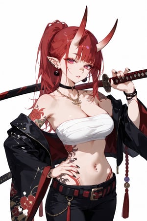 SCORE_9, SCORE_8_UP, SCORE_7_UP, SCORE_6_UP,

MASTERPIECE, BEST QUALITY, HIGH QUALITY, 
HIGHRES, ABSURDRES, PERFECT COMPOSITION,
INTRICATE DETAILS, ULTRA-DETAILED,
PERFECT FACE, PERFECT EYES,
NEWEST, AESTHETIC,

1girl, weapon, horns, tattoo, rating:safe, sword, navel, solo, pink_background, pointy_ears, oni, looking_at_viewer, jewelry, katana, breasts, sheath, white_hair, long_hair, oni_horns, midriff, shoulder_tattoo, bare_shoulders, facial_mark, sarashi, holding_weapon, earrings, belt, bandaid, stomach, jacket, nail_polish, ponytail, holding, cleavage, clothes_writing, simple_background, piercing, medium_breasts, necklace, bracelet, purple_eyes, fingernails, collarbone, weapon_over_shoulder, red_eyes, sheathed, open_clothes, parted_lips, black_nails, nose, pants, tubetop, off_shoulder, upper_body, ear_piercing, japanese_clothes, scabbard, arm_tattoo, multicolored_hair, hand_on_hip, full_body_tattoo, large_breasts, standing, cowboy_shot, choker, bodypaint, facial_tattoo, red_background, holding_sword, bangs, sharp_fingernails, crop_top, bandages, bandeau, over_shoulder, scar, pink_eyes, red_hair, strapless, sidelocks, beads, long_fingernails, single_bare_shoulder, wide_sleeves, floral_print, tassel, body_writing, stomach_tattoo, open_jacket, big_hips,