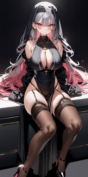 BEST QUALITY, HIGHRES, ABSURDRES, HIGH_RESOLUTION, MASTERPIECE, SUPER DETAIL, HYPER DETAIL, INTRICATE_DETAILS, PERFECTEYES, DARK EYELASHES, EYELINER, SOFT GLOWING EYES, 64K, SCORE_9,

1girl, nun, long_hair, black_hair, habit, breasts, high_heels, thighhighs, sitting, large_breasts, looking_at_viewer, bare_shoulders, black_footwear, pink_hair, smile, detached_sleeves, dress, solo, pink_eyes, black_legwear, cleavage, sleeves_past_wrists, blush, very_long_hair, piercing, long_sleeves, black_dress, closed_mouth, bangs, multicolored_hair, cross, jewelry, full_body, brown_legwear, shoes, garter_straps, purple_eyes, swimsuit, eyebrows_visible_through_hair, fishnets, blue_hair, hair_between_eyes, between_legs, grey_hair, red_eyes, hood, bikini, necklace, sleeves_past_fingers, sleeveless, sketch, pelvic_curtain, see-through, dark theme, backlighting, cinematic, volumetric light,by mx2j