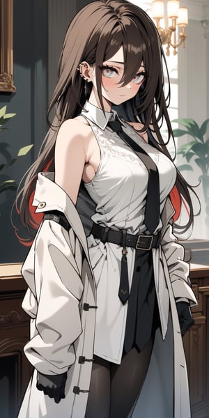 BEST QUALITY, HIGHRES, ABSURDRES, HIGH_RESOLUTION, MASTERPIECE, SUPER DETAIL, HYPER DETAIL, INTRICATE_DETAILS, PERFECTEYES, DARK EYELASHES, EYELINER, SOFT GLOWING EYES, 64K, SCORE_9

1girl, long hair, breasts, blush, bangs, light_brown_eyes, large breasts, shirt, brown hair, gloves, long sleeves, dress, hair between eyes, bare shoulders, jewelry, very long hair, closed mouth, standing, jacket, white shirt, hetero, pantyhose, multicolored hair, earrings, open clothes, black necktie, sleeveless, collared shirt, belt, indoors, black gloves, off shoulder, black dress, blurry, two-tone hair, open jacket, coat, black pantyhose, sleeveless dress, blurry background, short dress, white jacket, breast grab, open coat, necktie, collared dress, white coat, view from away,