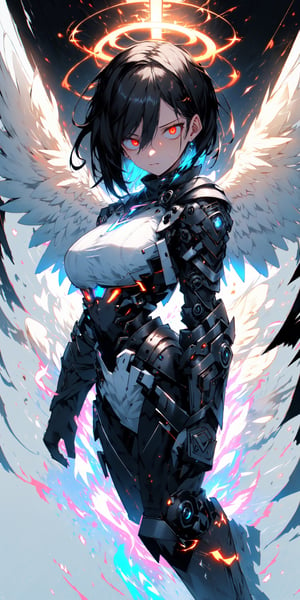 (1girls:1.4), (holy_background:1.4), (simple_background:1.4),

dynamic_angle, tyndall effect, volumetric lighting, looking_at_viewer, full_body, bright_theme, niji, clear_lines

short-hair, black-hair, Pale_skin, big_breasts, sharp_face, multicolored_eye, angelic angel, eyeshadow, eyeliner, Eyelash, from_side, expressive eyes, perfect glowing_eyes, cyberpunk, bright angelic mecha armor, determined_face, damaged, glowing, aura, energy, beam, white plugsuits, bright exoskeleton suit, tall, halo, holyness, machine wings

(best quality:1.4), (highres:1.4), (high_resolution:1.4), (masterpiece:1.4), sidelighting, super detail, hyper detail, intricate_details, ligne_claire, perpect face,midjourney