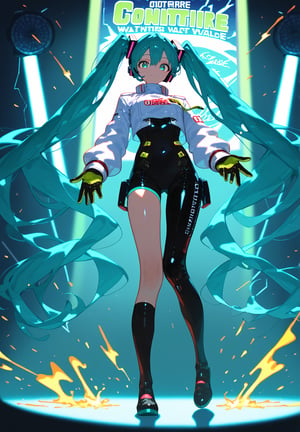 SCORE_9, SCORE_8_UP, SCORE_7_UP, SCORE_6_UP,

MASTERPIECE, BEST QUALITY, HIGH QUALITY, 
HIGHRES, ABSURDRES, PERFECT COMPOSITION,
INTRICATE DETAILS, ULTRA-DETAILED,
PERFECT FACE, PERFECT EYES,
NEWEST, 

Movie Poster page, (promotional poster), Hatsune Miku, 1female, solo, humanoid android, teal hair, teal eyes, white jacket, cropped jacket, long sleeves, two-tone gloves, black gloves, green gloves, black bodysuit, single thighhigh, single thigh boot, concert, Nippon Budokan, glowneon, glowing, sparks, lightning, shadow minimalism, (best quality), (masterpiece), detailed, beautiful detailed eyes, perfect anatomy, perfect body, perfect face, perfect hair, perfect legs, perfect hands, perfect arms, perfect fingers, detailed hair, detailed face, detailed eyes, detailed clothes, detailed skin, ultra-detailed, (full body), (upper body), (top quality), pop art, extremely detailed, extremely detailed CG, (high resolution), highly detailed, (high quality), (perfect quality), (glitchcore colors), racingmiku2022,