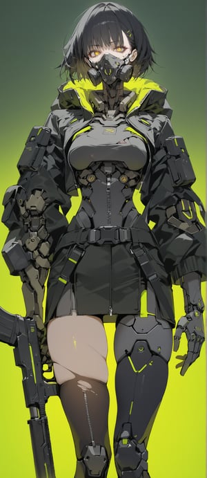 SCORE_9, SCORE_8_UP, SCORE_7_UP, SCORE_6_UP, 
MASTERPIECE, BEST QUALITY, HIGH QUALITY, 
HIGHRES, ABSURDRES,
INTRICATE DETAILS, ULTRA-DETAILED,
AESTHETIC,

weapon, neon-green_background, 1girl, gas_mask, solo, mouth_mask, mask, gun, cyberpunk, yellow_eyes, short_hair, green_background, black_hair, cyborg, looking_at_viewer, holding_weapon, jacket, black_legwear, holding, rifle, thighhighs, simple_background, neon-green_theme, torn_clothes, cowboy_shot, standing, prosthesis, belt, trigger_discipline, mechanical_arms, black_jacket, coat, mechanical_arm, zipper, holding_gun, submachine_gun, gloves, holster, yellow_theme, bangs,