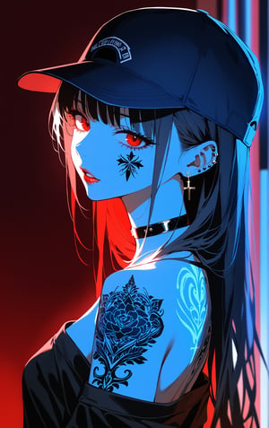 SCORE_9, SCORE_8_UP, SCORE_7_UP, SCORE_6_UP, 
MASTERPIECE, BEST QUALITY, HIGH QUALITY, 
HIGHRES, ABSURDRES,
INTRICATE DETAILS, ULTRA-DETAILED,
AESTHETIC,

tattoo, 1girl, red_background, hat, solo, long_hair, baseball_cap, choker, jewelry, earrings, shoulder_tattoo, facial_tattoo, upper_body, arm_tattoo, black_hair, black_choker, cross, looking_at_viewer, sleeves_past_wrists, off_shoulder, lips, nose_piercing, lipstick, parted_lips, ring, simple_background, long_sleeves, bodypaint, nail_polish, nose, back_tattoo, backwards_hat, cross_earrings, stud_earrings, ear_piercing, 

limited_palette, dramatic lighting, cinematic lighting, (((blue light))), (((blue illuminations))), 
contemporary, dark, low-key,