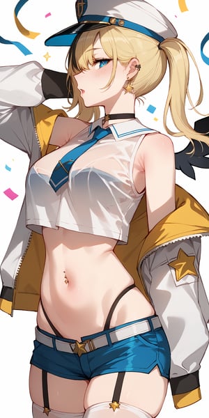 SCORE_9, SCORE_8_UP, SCORE_7_UP, SCORE_6_UP,

MASTERPIECE, BEST QUALITY, HIGH QUALITY, 
HIGHRES, ABSURDRES, PERFECT COMPOSITION,
INTRICATE DETAILS, ULTRA-DETAILED,
PERFECT FACE, PERFECT EYES,
NEWEST, 

1girl, shorts, crop_top, midriff, long_hair, blue_eyes, thighhighs, solo, navel, shirt, breasts, sleeveless, jacket, short_shorts, bare_shoulders, crop_top_overhang, sleeveless_shirt, garter_straps, cowboy_shot, stomach, white_legwear, blue_neckwear, blonde_hair, thighs, suspenders, earrings, blue_shorts, off_shoulder, white_shirt, sailor_collar, open_jacket, wings, highleg, profile, standing, necktie, long_sleeves, skindentation, looking_away, sidelocks, choker, parted_lips, clothes_writing, open_clothes, medium_breasts, jewelry, ponytail, open_mouth, looking_at_viewer, multicolored_hair, ear_piercing, hair_between_eyes, bandaid, panties, bangs, very_long_hair, hair_ornament, see-through, large_breasts, white_jacket, star_(symbol), piercing, ribbon, hat, black_shirt, belt, underwear, black_neckwear, confetti, :o, grey_legwear, micro_shorts, armpits, blush, floating_hair, streaked_hair, twintails, highleg_panties, detached_sleeves, blue_hair