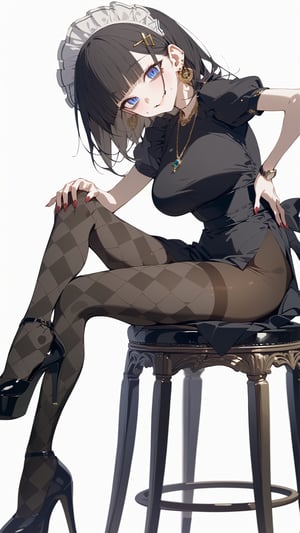 SCORE_9, SCORE_8_UP, SCORE_7_UP, SCORE_6_UP,

MASTERPIECE, BEST QUALITY, HIGH QUALITY, 
HIGHRES, ABSURDRES, PERFECT COMPOSITION,
INTRICATE DETAILS, ULTRA-DETAILED,
PERFECT FACE, PERFECT EYES,
NEWEST, AESTHETIC,

pantyhose, high_heels, 1girl, dress, sitting, looking_at_viewer, black_dress, solo, black_footwear, smile, breasts, short_sleeves, blush, black_legwear, striped, short_dress, eyebrows_visible_through_hair, white_background, thighband_pantyhose, shoes, chair, simple_background, closed_mouth, medium_breasts, stool, alternate_costume, necklace, shoe_dangle, thighs, hand_on_own_knee, side_slit, from_side, large_breasts, watch, leaning_forward, legs, earrings, knee_up, long_legs, black_shirt, head_tilt, platform_footwear, blunt_bangs, sharp teeth, hairclip, argyle pantyhose, red nails, black footwear, maid headdress, bags under eyes,