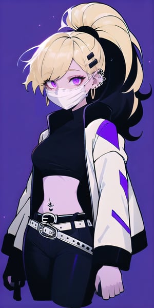 BEST QUALITY, HIGHRES, ABSURDRES, HIGH_RESOLUTION, MASTERPIECE, SUPER DETAIL, HYPER DETAIL, INTRICATE_DETAILS, PERFECTEYES, DARK EYELASHES, EYELINER, SOFT GLOWING EYES, 64K

1girl, solo, long hair, blonde hair, black hair, navel, holding, jewelry, jacket, ponytail, weapon, multicolored hair, cowboy shot, earrings, midriff, belt, pants, sword, holding weapon, crop top, tattoo, thigh strap, mask, holding sword, black pants, piercing, white jacket, katana, sheath, ear piercing, cropped jacket, sheathed, mouth mask, over shoulder, weapon over shoulder, sword over shoulder, neon purple background, simple_background, mature_female,