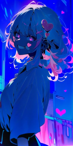 BEST QUALITY, HIGHRES, ABSURDRES, HIGH_RESOLUTION, MASTERPIECE, SUPER DETAIL, HYPER DETAIL, INTRICATE_DETAILS, LIGNE_CLAIRE, PERFECTEYES, DARK EYELASHES, EYELINER, SOFT GLOWING EYES,

1girl, solo, long hair, looking at viewer, smile, bangs, hair ornament, pink hair, heart, choker, pink eyes, grin, collar, english text, bandaid, heart hair ornament, bandaid on face, colorful, sticker, neon lights, blacklight, collared shirt, rolled up sleeve, business skirt, full_body, view from away, facing_viewer