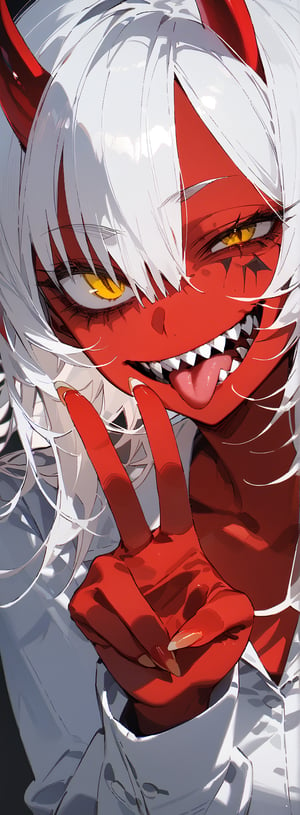 SCORE_9, SCORE_8_UP, SCORE_7_UP, SCORE_6_UP,

MASTERPIECE, BEST QUALITY, HIGH QUALITY, 
HIGHRES, ABSURDRES, PERFECT COMPOSITION,
INTRICATE DETAILS, ULTRA-DETAILED,
PERFECT FACE, PERFECT EYES,
NEWEST, AESTHETIC,

1girl, red_skin, horns, tongue, solo, v, tongue_out, yellow_eyes, fangs, looking_at_viewer, teeth, demon_girl, sadistic_smile, red_oni, oni, w, short_hair, sharp_teeth, (((uneven_eyes))), open_mouth, simple_background, long_sleeves, white_hair, long_hair, fingernails, black_background, red_skin,

(bags_under_eyes), no pupils, blank_eyes,