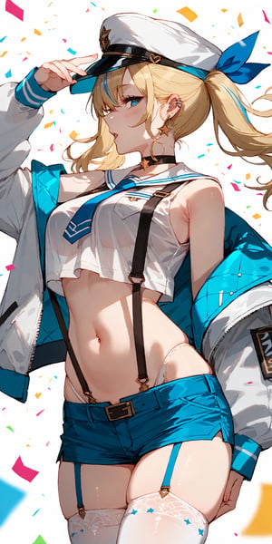 SCORE_9, SCORE_8_UP, SCORE_7_UP, SCORE_6_UP,

MASTERPIECE, BEST QUALITY, HIGH QUALITY, 
HIGHRES, ABSURDRES, PERFECT COMPOSITION,
INTRICATE DETAILS, ULTRA-DETAILED,
PERFECT FACE, PERFECT EYES,
NEWEST, 

1girl, shorts, crop_top, midriff, long_hair, blue_eyes, thighhighs, solo, navel, shirt, breasts, sleeveless, jacket, short_shorts, bare_shoulders, crop_top_overhang, sleeveless_shirt, garter_straps, cowboy_shot, stomach, white_legwear, blue_neckwear, blonde_hair, thighs, suspenders, earrings, blue_shorts, off_shoulder, white_shirt, sailor_collar, open_jacket, wings, highleg, profile, standing, necktie, long_sleeves, skindentation, looking_away, sidelocks, choker, parted_lips, clothes_writing, open_clothes, medium_breasts, jewelry, ponytail, open_mouth, looking_at_viewer, multicolored_hair, ear_piercing, hair_between_eyes, bandaid, panties, bangs, very_long_hair, hair_ornament, see-through, large_breasts, white_jacket, star_(symbol), piercing, ribbon, hat, black_shirt, belt, underwear, black_neckwear, confetti, :o, grey_legwear, micro_shorts, armpits, blush, floating_hair, streaked_hair, twintails, highleg_panties, detached_sleeves, blue_hair