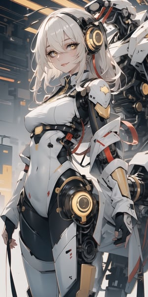 BEST QUALITY, HIGHRES, ABSURDRES, HIGH_RESOLUTION, MASTERPIECE, SUPER DETAIL, HYPER DETAIL, INTRICATE_DETAILS, PERFECTEYES, DARK EYELASHES, EYELINER, SOFT GLOWING EYES, 64K, SCORE_9,

yellow_background, solo, yellow_eyes, breasts, looking_at_viewer, white_hair, bodysuit, cyborg, simple_background, smile, yellow_theme, medium_breasts, long_hair, standing, cyberpunk, covered_navel, cowboy_shot, robot_joints, pale_skin, science_fiction, bangs, hair_over_one_eye, skin_tight, small_breasts, closed_mouth, lips, blush, blonde_hair, glowing, parted_lips,