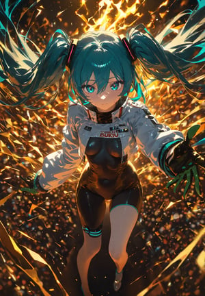 SCORE_9, SCORE_8_UP, SCORE_7_UP, SCORE_6_UP,

MASTERPIECE, BEST QUALITY, HIGH QUALITY, 
HIGHRES, ABSURDRES, PERFECT COMPOSITION,
INTRICATE DETAILS, ULTRA-DETAILED,
PERFECT FACE, PERFECT EYES,
NEWEST, 

Movie Poster page, (promotional poster), Hatsune Miku, 1female, solo, humanoid android, teal hair, teal eyes, white jacket, cropped jacket, long sleeves, two-tone gloves, black gloves, green gloves, black bodysuit, single thighhigh, single thigh boot, concert, Nippon Budokan, glowneon, glowing, sparks, lightning, shadow minimalism, (best quality), (masterpiece), detailed, beautiful detailed eyes, perfect anatomy, perfect body, perfect face, perfect hair, perfect legs, perfect hands, perfect arms, perfect fingers, detailed hair, detailed face, detailed eyes, detailed clothes, detailed skin, ultra-detailed, (full body), (upper body), (top quality), pop art, extremely detailed, extremely detailed CG, (high resolution), highly detailed, (high quality), (perfect quality), (glitchcore colors), racingmiku2022,