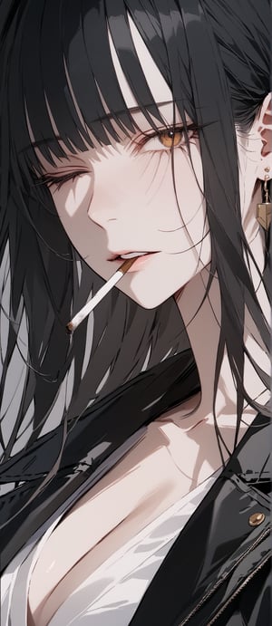 SCORE_9, SCORE_8_UP, SCORE_7_UP, SCORE_6_UP,

MASTERPIECE, BEST QUALITY, HIGH QUALITY, 
HIGHRES, ABSURDRES,
INTRICATE DETAILS, ULTRA-DETAILED,
NEWEST, AESTHETIC,

1girl, long_hair, earrings, black_hair, white_shirt, shirt, black_jacket, jewelry, cigarette, solo, jacket, smoking, mouth_hold, smoke, lips, belt, grey_background, jacket_on_shoulders, upper_body, collarbone, looking_at_viewer, pants, one_eye_closed, standing, parted_lips, brown_eyes, open_clothes, black_coat, bangs, black_eyes, breasts, cleavage, from_below,