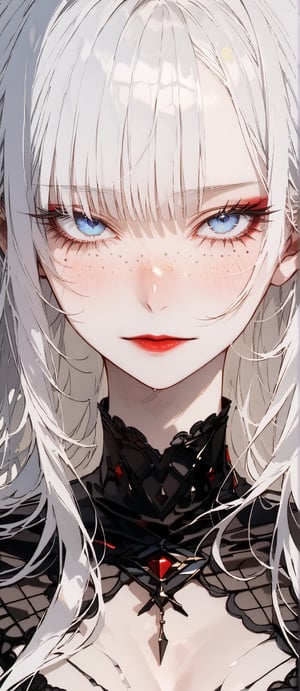 SCORE_9, SCORE_8_UP, SCORE_7_UP, SCORE_6_UP,

MASTERPIECE, BEST QUALITY, HIGH QUALITY, 
HIGHRES, ABSURDRES,
INTRICATE DETAILS, ULTRA-DETAILED,
NEWEST, AESTHETIC,

1girl, lips, solo, face, white_hair, nose, closed_mouth, (close-up:1.4), portrait, long_hair, freckles, eyelashes, bangs, makeup, simple_background, looking_at_viewer, red_lips, lipstick, hair_between_eyes, pale_skin, blue_eyes, white_skin, 