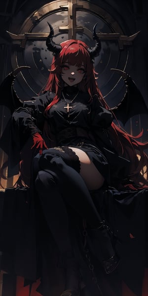 BEST QUALITY, HIGHRES, ABSURDRES, HIGH_RESOLUTION, MASTERPIECE, SUPER DETAIL, HYPER DETAIL, INTRICATE_DETAILS, PERFECTEYES, DARK EYELASHES, EYELINER, SOFT GLOWING EYES, 64K,

1girl, solo, long hair, looking at viewer, smile, open mouth, bangs, red eyes, thighhighs, gloves, long sleeves, jewelry, sitting, red hair, multicolored hair, horns, teeth, black gloves, puffy sleeves, black thighhighs, indoors, blunt bangs, necklace, glowing, fangs, demon girl, crossed legs, cross, demon horns, glowing eyes, nun, habit, cross necklace, stained glass, church, emotionless,portrait