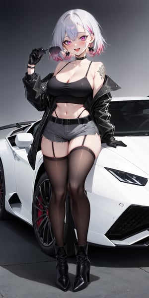 BEST QUALITY, HIGHRES, ABSURDRES, 4K, 8K, 64K,
MASTERPIECE, SUPER DETAIL, INTRICATE_DETAILS, 
PERFECTEYES, AESTHETIC, 
SCORE_9, SCORE_8_UP, SCORE_7_UP, SCORE_6_UP,

{thighhighs, 1girl, ground_vehicle, motor_vehicle, solo, navel, gloves, jacket, black_gloves, short_hair, looking_at_viewer, bare_shoulders, breasts, red_eyes, black_pants, midriff, black_jacket, pants, belt, earrings, black_shirt, leather, crop_top, long_sleeves, off_shoulder, choker, black_footwear, high_heels, jewelry, boots, open_jacket, tattoo, open_clothes, full_body, black_shorts, large_breasts, sleeveless, stomach, shirt, gradient, thighhighs, large_breasts, holding, collarbone, silver_hair, garter_straps, white_hair, black_belt, black_legwear, leather_jacket, streaked_hair, black_choker, smile, nail_polish, coat, bangs, pink_eyes, cleavage, bracelet, sleeveless_shirt, gradient_background, shorts, cropped_jacket, miniskirt, simple_background, grey_background, open_mouth, lean on car, holding sunglasses, evil smile},

wide shot, big car, (standing beside at car door),

HuracánCar,