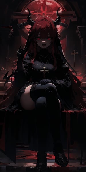 BEST QUALITY, HIGHRES, ABSURDRES, HIGH_RESOLUTION, MASTERPIECE, SUPER DETAIL, HYPER DETAIL, INTRICATE_DETAILS, PERFECTEYES, DARK EYELASHES, EYELINER, SOFT GLOWING EYES, 64K,

1girl, solo, long hair, looking at viewer, smile, open mouth, bangs, red eyes, thighhighs, gloves, long sleeves, jewelry, sitting, red hair, multicolored hair, horns, teeth, black gloves, puffy sleeves, black thighhighs, indoors, blunt bangs, necklace, glowing, fangs, demon girl, crossed legs, cross, demon horns, glowing eyes, nun, habit, cross necklace, stained glass, church, emotionless,portrait