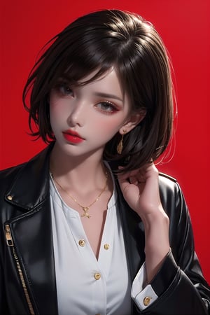SCORE_9, SCORE_8_UP, SCORE_7_UP, SCORE_6_UP,
BEST QUALITY, HIGHRES, ABSURDRES, 4K, 8K, 64K,
MASTERPIECE, SUPER DETAIL, INTRICATE_DETAILS, PERFECTEYES, 

1girl, solo, (((looking down))), short hair, (((simple background))), brown hair, shirt, black hair, gold jewelry, jacket, white shirt, upper_body, gold earrings, parted lips, white collared shirt, medium hair, gold necklace, (((black jacket))), head tilt, makeup, suit, soft lipstick, (((red background))), soft red lips, front_view, chin_up, paint_(artwork), oil painting, cynical, eye_half_opened, sexy, 