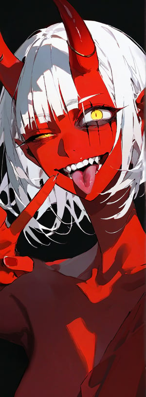 SCORE_9, SCORE_8_UP, SCORE_7_UP, SCORE_6_UP,

MASTERPIECE, BEST QUALITY, HIGH QUALITY, 
HIGHRES, ABSURDRES, PERFECT COMPOSITION,
INTRICATE DETAILS, ULTRA-DETAILED,
PERFECT FACE, PERFECT EYES,
NEWEST, AESTHETIC,

1girl, red_skin, horns, tongue, solo, v, tongue_out, yellow_eyes, fangs, looking_at_viewer, teeth, demon_girl, sadistic_smile, red_oni, oni, w, short_hair, sharp_teeth, (((uneven_eyes))), open_mouth, simple_background, long_sleeves, white_hair, long_hair, fingernails, black_background, red_skin,

(bags_under_eyes), no pupils, blank_eyes,