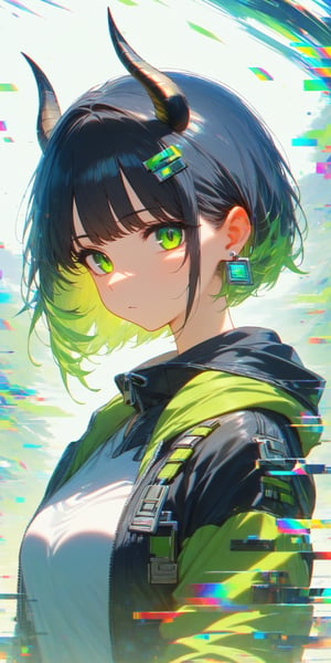 SCORE_9, SCORE_8_UP, SCORE_7_UP, SCORE_6_UP,

MASTERPIECE, BEST QUALITY, HIGH QUALITY, 
HIGHRES, ABSURDRES, PERFECT COMPOSITION,
INTRICATE DETAILS, ULTRA-DETAILED,
PERFECT FACE, PERFECT EYES,
NEWEST, 

rating:safe, 1girl, solo, horns, short_hair, jacket, blue_eyes, black_jacket, bangs, closed_mouth, looking_at_viewer, black_hair, chromatic_aberration, upper_body, expressionless, shirt, jewelry, from_side, earrings, looking_to_the_side, eyebrows_visible_through_hair, ear_piercing, demon_horns, colorful, glitch effect, dark, ral-glydch, (green theme:1.2)