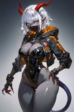 SCORE_9, SCORE_8_UP, SCORE_7_UP, SCORE_6_UP,

MASTERPIECE, BEST QUALITY, HIGH QUALITY, 
HIGHRES, ABSURDRES, PERFECT COMPOSITION,
INTRICATE DETAILS, ULTRA-DETAILED,
PERFECT FACE, PERFECT EYES,
NEWEST, AESTHETIC,

1girl, solo, breasts, fingernails, horns, white_hair, short_hair, standing, medium_breasts, jacket, full_body, long_fingernails, cleavage, red_nails, nail_polish, thighs, bodysuit, long_legs, sharp_fingernails, open_clothes, tail, large_breasts, silver_hair, ((grey_skin, black_skin)), science_fiction, open_jacket, gloves, high_heels, latex, skin_tight, cropped_jacket, contrapposto, monster_girl, mask, thick_thighs, looking_at_viewer, simple_background, mouth_mask, grey_background, ass_visible_through_thighs, gradient, grey_hair, long_sleeves, gradient_background, covered_navel, see-through, hood, claws, hand_on_hip, zipper, leotard, black_jacket, black_nails, cyborg, helmet, tail,