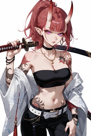 SCORE_9, SCORE_8_UP, SCORE_7_UP, SCORE_6_UP,

MASTERPIECE, BEST QUALITY, HIGH QUALITY, 
HIGHRES, ABSURDRES, PERFECT COMPOSITION,
INTRICATE DETAILS, ULTRA-DETAILED,
PERFECT FACE, PERFECT EYES,
NEWEST, AESTHETIC,

1girl, weapon, horns, tattoo, rating:safe, sword, navel, solo, pink_background, pointy_ears, oni, looking_at_viewer, jewelry, katana, breasts, sheath, white_hair, long_hair, oni_horns, midriff, shoulder_tattoo, bare_shoulders, facial_mark, sarashi, holding_weapon, earrings, belt, bandaid, stomach, jacket, nail_polish, ponytail, holding, cleavage, clothes_writing, simple_background, piercing, medium_breasts, necklace, bracelet, purple_eyes, fingernails, collarbone, weapon_over_shoulder, red_eyes, sheathed, open_clothes, parted_lips, black_nails, nose, pants, tubetop, off_shoulder, upper_body, ear_piercing, japanese_clothes, scabbard, arm_tattoo, multicolored_hair, hand_on_hip, full_body_tattoo, large_breasts, standing, cowboy_shot, choker, bodypaint, facial_tattoo, red_background, holding_sword, bangs, sharp_fingernails, crop_top, bandages, bandeau, over_shoulder, scar, pink_eyes, red_hair, strapless, sidelocks, beads, long_fingernails, single_bare_shoulder, wide_sleeves, floral_print, tassel, body_writing, stomach_tattoo, open_jacket, big_hips,