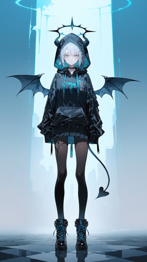 SCORE_9, SCORE_8_UP, SCORE_7_UP, SCORE_6_UP, 
MASTERPIECE, BEST QUALITY, HIGH QUALITY, 
HIGHRES, ABSURDRES,
INTRICATE DETAILS, ULTRA-DETAILED,
AESTHETIC,

1girl, tail, wings, halo, demon_tail, solo, standing, blue_background, jacket, black_legwear, demon_girl, bangs, drawstring, full_body, hood, boots, looking_at_viewer, thighhighs, horns, shoes, hood_down, sleeves_past_fingers, long_sleeves, black_footwear, black_jacket, blue_eyes, eyebrows_visible_through_hair, closed_mouth, blush, white_hair, pantyhose, skirt, demon_wings, demon_horns, aqua_eyes, gradient, hoodie, green_eyes, (water_color:0.5), wide_shot,
simple_background, cyan_background, shadow, (black_clothing:1.4), (flat_color:0.5)