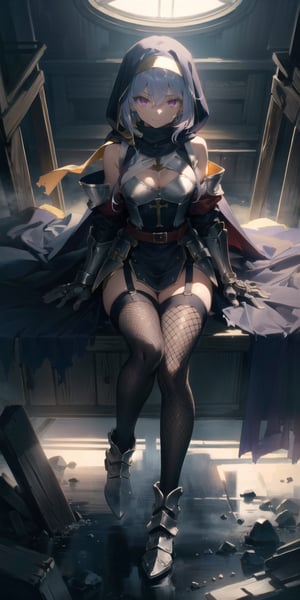 BEST QUALITY, HIGHRES, ABSURDRES, HIGH_RESOLUTION, MASTERPIECE, SUPER DETAIL, HYPER DETAIL, INTRICATE_DETAILS, PERFECTEYES, DARK EYELASHES, EYELINER, SOFT GLOWING EYES, 64K, SCORE_9,

1girl, nun, long_hair, black_hair, habit, breasts, high_heels, thighhighs, sitting, large_breasts, looking_at_viewer, bare_shoulders, black_footwear, pink_hair, smile, detached_sleeves, dress, solo, pink_eyes, black_legwear, cleavage, sleeves_past_wrists, blush, very_long_hair, piercing, long_sleeves, black_dress, closed_mouth, bangs, multicolored_hair, cross, jewelry, full_body, brown_legwear, shoes, garter_straps, purple_eyes, swimsuit, eyebrows_visible_through_hair, fishnets, blue_hair, hair_between_eyes, between_legs, grey_hair, red_eyes, hood, bikini, necklace, sleeves_past_fingers, sleeveless, sketch, pelvic_curtain, see-through, dark theme, backlighting, cinematic, volumetric light,marumoru_style, cyborg, armored boots, breastplate, full armor, gauntlets, gloves, headgear, helmet, mask, cape, cloak, coat, torn clothes, pelvic curtain, scarf,