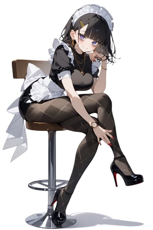 SCORE_9, SCORE_8_UP, SCORE_7_UP, SCORE_6_UP,

MASTERPIECE, BEST QUALITY, HIGH QUALITY, 
HIGHRES, ABSURDRES, PERFECT COMPOSITION,
INTRICATE DETAILS, ULTRA-DETAILED,
PERFECT FACE, PERFECT EYES,
NEWEST, AESTHETIC,

pantyhose, high_heels, 1girl, dress, sitting, looking_at_viewer, black_dress, solo, black_footwear, smile, breasts, short_sleeves, blush, black_legwear, striped, short_dress, eyebrows_visible_through_hair, white_background, thighband_pantyhose, shoes, chair, simple_background, closed_mouth, medium_breasts, stool, alternate_costume, necklace, shoe_dangle, thighs, hand_on_own_knee, side_slit, from_side, large_breasts, watch, leaning_forward, legs, earrings, knee_up, long_legs, black_shirt, head_tilt, platform_footwear, blunt_bangs, sharp teeth, hairclip, argyle pantyhose, red nails, black footwear, maid headdress, bags under eyes,