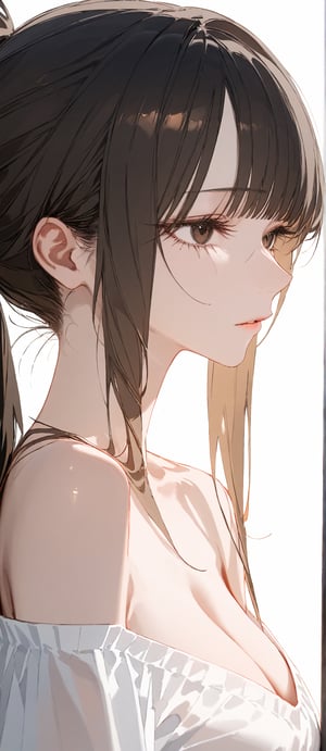 SCORE_9, SCORE_8_UP, SCORE_7_UP, SCORE_6_UP,

MASTERPIECE, BEST QUALITY, HIGH QUALITY, 
HIGHRES, ABSURDRES,
INTRICATE DETAILS, ULTRA-DETAILED,
NEWEST, AESTHETIC,

1girl, profile, ponytail, solo, lips, eyelashes, long_hair, bare_shoulders, from_side, upper_body, cleavage, black_hair, nose, closed_mouth, looking_away, bangs, black_eyes, half-closed_eyes, parted_lips, shirt, brown_eyes, collarbone, brown_hair, off_shoulder, sidelocks,