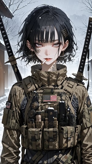 SCORE_9, SCORE_8_UP, SCORE_7_UP, SCORE_6_UP, 
MASTERPIECE, BEST QUALITY, HIGH QUALITY, 
HIGHRES, ABSURDRES,
INTRICATE DETAILS, ULTRA-DETAILED,
AESTHETIC,

weapon, 1girl, sword, earrings, black_hair, jewelry, solo, katana, sheath, looking_at_viewer, snow, sheathed, mouth_hold, outdoors, snowing, cigarette, grey_eyes, black_eyes, rain, long_hair, piercing, lips, bangs, weapon_on_back, upper_body, smoking, watermark, eyelashes, sword_behind_back, badge, short_hair, tattoo, tactical_gear, military, camouflage, close-up, straight-on,