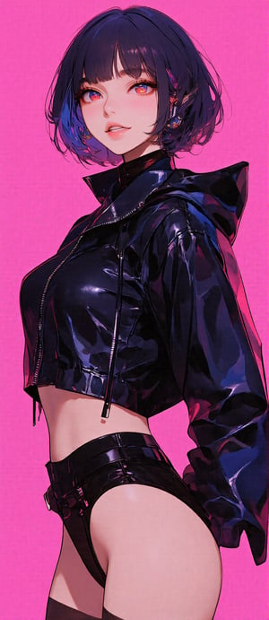 1girl, solo, smile, jacket, ear_piercing, simple_background, piercing, jewelry, looking_at_viewer, thigh_strap, thighhighs, earrings, black_jacket, pink_background, bangs, teeth, zipper, leather, red_eyes, zipper_pull_tab, standing, cowboy_shot, spikes, grin, black_hair, short_hair, collar, leather_jacket, from_side, open_mouth, choker, long_sleeves, blunt_bangs, black_legwear, sharp_teeth, looking_to_the_side, blue_hair, fishnets, shiny, belt, illustration, windbreaker, high-waist, grin, white_background, crop_top