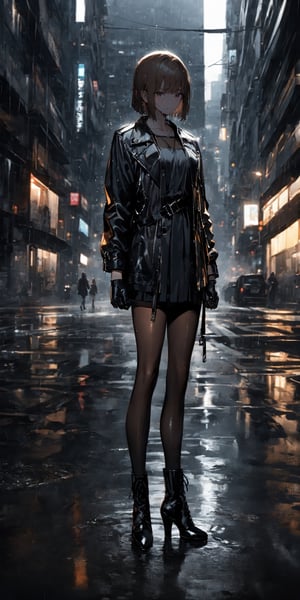 SCORE_9, SCORE_8_UP, SCORE_7_UP, SCORE_6_UP,
BEST QUALITY, HIGHRES, ABSURDRES, 4K, 8K, 64K,
MASTERPIECE, SUPER DETAIL, INTRICATE_DETAILS, PERFECTEYES,

1girl, sole_female, raining, standing in front of building, brown_hair, black_footwear, high_heels, short_hair, jacket, high_heel_boots, boots, black_gloves, gloves, bangs, full_body, pantyhose, black_jacket, dress, brown_eyes, long_sleeves, closed_mouth, open_clothes, bob_cut, shoes, coat, short_dress, grey background, skyscraper background, toned down, real life, emotionless, modern, voulmetric light, cinematic light, dark environment, black theme, facing_viewer, soaked, wet_clothes, sad_face,