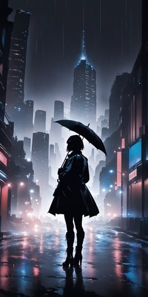 SCORE_9, SCORE_8_UP, SCORE_7_UP, SCORE_6_UP,
BEST QUALITY, HIGHRES, ABSURDRES, 4K, 8K, 64K,
MASTERPIECE, SUPER DETAIL, INTRICATE_DETAILS, PERFECTEYES,

1girl, sole_female, raining, standing in front of building,
holding black umbrella, brown_hair, black_footwear, high_heels, short_hair, jacket, high_heel_boots, boots, black_gloves, gloves, bangs, full_body, pantyhose, black_jacket, dress, brown_eyes, long_sleeves, closed_mouth, open_clothes, bob_cut, shoes, coat, short_dress, grey background, skyscraper background, toned down, real life, emotionless, modern, voulmetric light, cinematic light, dark environment, black theme, facing_viewer