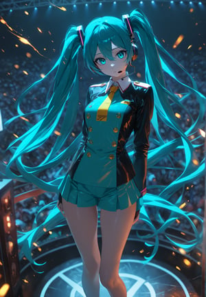 SCORE_9, SCORE_8_UP, SCORE_7_UP, SCORE_6_UP,

MASTERPIECE, BEST QUALITY, HIGH QUALITY, 
HIGHRES, ABSURDRES, PERFECT COMPOSITION,
INTRICATE DETAILS, ULTRA-DETAILED,
PERFECT FACE, PERFECT EYES,
NEWEST, 

Movie Poster page, (promotional poster), Hatsune Miku, 1female, solo, humanoid android, teal hair, teal eyes, singer's uniform, headset, WeirdOutfit style, concert, Nippon Budokan, glowneon, glowing, sparks, lightning, shadow minimalism, (best quality), (masterpiece), detailed, beautiful detailed eyes, perfect anatomy, perfect body, perfect face, perfect hair, perfect legs, perfect hands, perfect arms, perfect fingers, detailed hair, detailed face, detailed eyes, detailed clothes, detailed skin, ultra-detailed, (full body), (upper body), (top quality), pop art, extremely detailed, extremely detailed CG, (high resolution), highly detailed, (high quality), (perfect quality), (glitchcore colors), racingmiku2022,