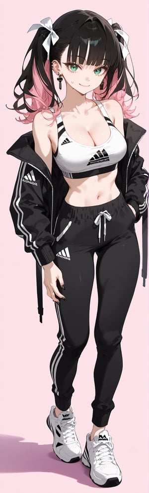 SCORE_9, SCORE_8_UP, SCORE_7_UP, SCORE_6_UP,

MASTERPIECE, BEST QUALITY, HIGH QUALITY, 
HIGHRES, ABSURDRES, PERFECT COMPOSITION,
INTRICATE DETAILS, ULTRA-DETAILED,
PERFECT FACE, PERFECT EYES,
NEWEST, AESTHETIC,

1girl, black_hair, sneakers, jacket, pink_background, pants, black_pants, shoes, bangs, sports_bra, navel, looking_at_viewer, full_body, long_hair, twintails, black_jacket, long_sleeves, simple_background, black_nails, breasts, standing, midriff, smile, collarbone, asymmetrical_bangs, earrings, green_eyes, hair_ribbon, aqua_eyes, adidas, open_clothes, solo, white_footwear, bare_shoulders, closed_mouth, jewelry, nail_polish, multicolored_hair, cleavage, sweatpants, stomach, large_breasts, sportswear, holding