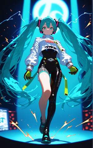 SCORE_9, SCORE_8_UP, SCORE_7_UP, SCORE_6_UP,

MASTERPIECE, BEST QUALITY, HIGH QUALITY, 
HIGHRES, ABSURDRES, PERFECT COMPOSITION,
INTRICATE DETAILS, ULTRA-DETAILED,
PERFECT FACE, PERFECT EYES,
NEWEST, 

Movie Poster page, (promotional poster), Hatsune Miku, 1female, solo, humanoid android, teal hair, teal eyes, white jacket, cropped jacket, long sleeves, two-tone gloves, black gloves, green gloves, black bodysuit, single thighhigh, single thigh boot, concert, Nippon Budokan, glowneon, glowing, sparks, lightning, shadow minimalism, (best quality), (masterpiece), detailed, beautiful detailed eyes, perfect anatomy, perfect body, perfect face, perfect hair, perfect legs, perfect hands, perfect arms, perfect fingers, detailed hair, detailed face, detailed eyes, detailed clothes, detailed skin, ultra-detailed, (full body), (upper body), (top quality), pop art, extremely detailed, extremely detailed CG, (high resolution), highly detailed, (high quality), (perfect quality), (glitchcore colors), racingmiku2022,